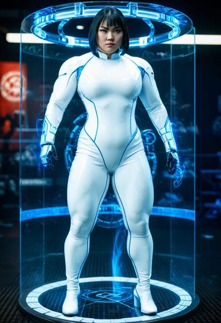 a chubby angry extrmusc chinese feminine cyberwarrior from the future, wide hips, black hair, pointy scifi bob haircut, wearing a fantasy latex reflective white catsuit, blue piping, bionic arms, inside a hologrameffect octagon mma fighting ring, year 2525, cowboy shot, masterpiece
(Professional photography, high resolution, tilt-shift lens:0.9)