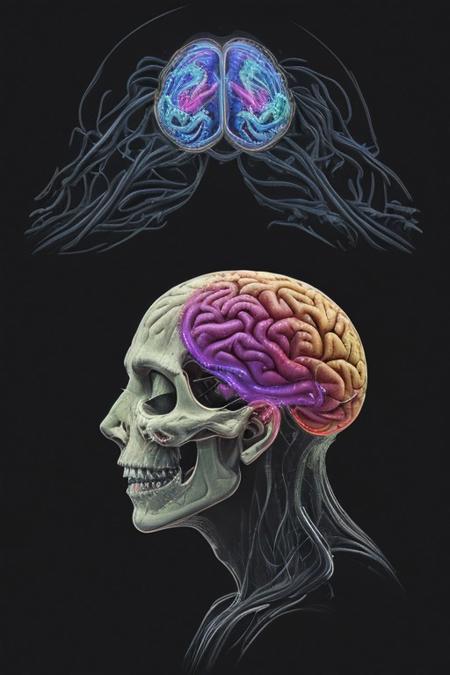 A man drowning inside his own mind. FRONT VIEW. Subliminal messaging, Horror, neon-colored brain scan aesthetic on black background. the figure of a skull is seen inside the brain scan. Psychedelic brain scan. Horror, Vibrant, glowing neural pathways Abstract, futuristic aesthetic. Style mimics bioluminescence art. Sharp contrast between vivid colors and deep black background. realistic rendering of brain lobe. Conveys sense of brain death, cognitive decline, and mental degradation. Sharp jagged teeth. Horror theme.