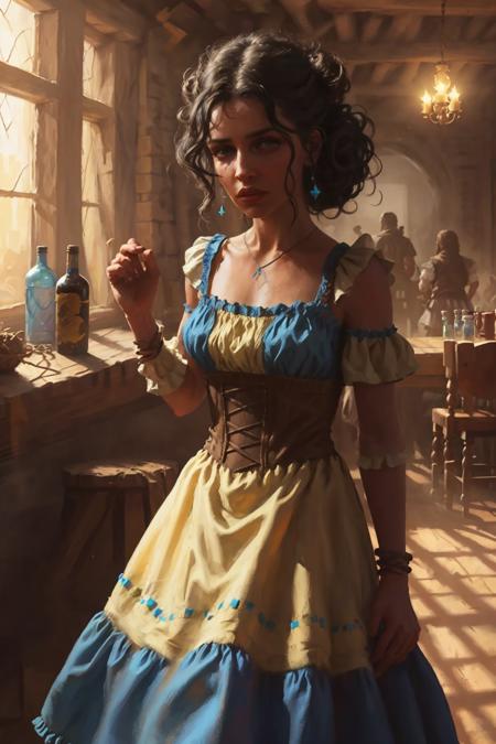 zrpgstyle, sexy senorita bandito western RPG character painting brunette hair upsweep updo corset (straps buckles:1.1) blue dress indoors desert ruins (cantina:1.1) liquor bottles (windy dust debris volumetric fog:1.1) (bright morning light through large window:1.1) high contrast,
(masterpiece:1.3) (best quality:1.3) (8k) (HDR) (wallpaper) (cinematic lighting:1.2) (sharp focus) (intricate)