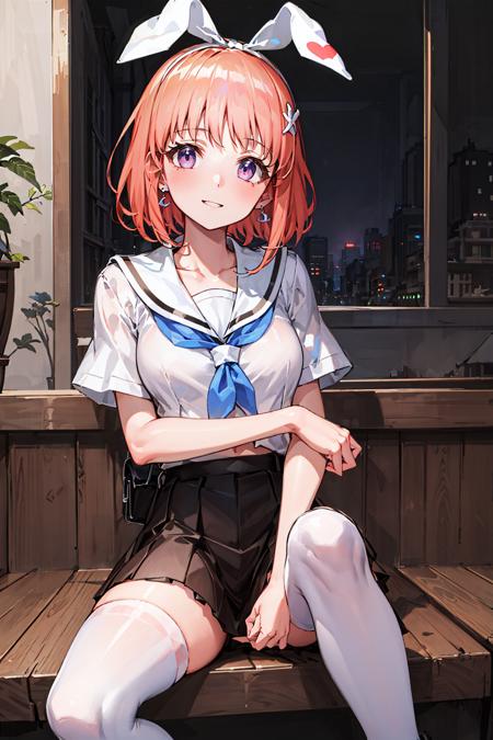 mimito sakurano \(denonbu\), (best quality, 8K, masterpiece, HDR, ultra detailed:1.2), cinematic angle,
cinematic lighting, dappled sunlight, day, clear sky, beautiful clouds, detailed background, shadow,
1girl, solo, shiny skin, short hair, seductive smile, head tilt, detailed face,
(miniskirt), sailor collar, serafuku, collared shirt, white thighhighs, leather shoes, collarbone, earrings, neckerchief, short sleeves,