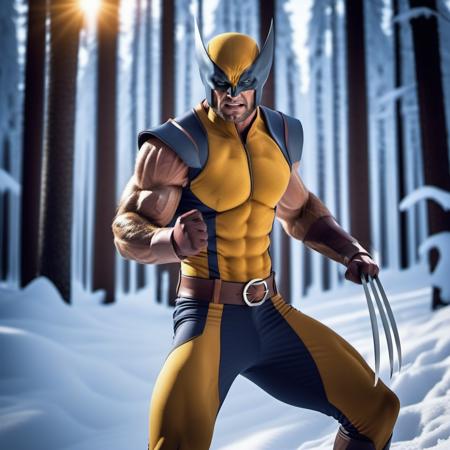 Wolverine1024, a man,full body,  in the snow, canada forest, winter background, features intricate detail, detailed eyes, highly detailed, photography, ultra sharp, film, bokeh, professional, 4k   <lora:Wolverine1024-000350:0.6>