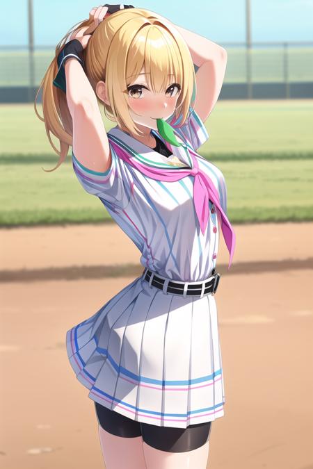 1girl, solo, masterpiece, best quality, absurdres, cute, ultra-detailed, (perfect anatomy, perfect hand), <lora:takanashi_yuzu-000150:0.6>, looking at viewer, blush, smile, long hair, closed mouth, standing, cowboy shot, baseball uniform, pink neckerchief, black undershirt, fingerless gloves, belt, pleated skirt, bike shorts, bike shorts under skirt, shiny hair, arms up, blurry background, mouth hold, green ribbon, tying hair, ribbon in mouth