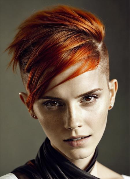 portrait of sks woman by Flora Borsi, style by Flora Borsi, bold, bright colours, orange Mohawk haircut, ((Flora Borsi)), <lora:locon_emmawatson_v1_from_v1_64_32:1.25>