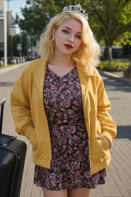 (18yo blonde hair girl:1.2), makeup,dress warmly, rouge, (choker:0.7), realistic skin texture, sakura park, softcore, warm lighting, cosy atmosphere, outdoor, (spring:1.1), A curvy woman, blonde short hair, jewelry, earrings, lips, bracelet, tiara, eyelashes, lipstick, wearing clothes, makeup, mascara, not show tits, piercing, not exposed breasts, wearing  jakcet, clothes, jacket, casual fashion , dress casually, standing in the airport, 
wearing a tiara, yellow hair, curly hair, curvy girl, chubby girl, <lora:nb 15 50-F:0.6>