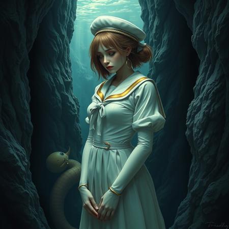 Create a high-quality, 8k, hyperdetailed artwork of a fancy woman in a sailor uniform, standing in a deep sadness pose, within a Different Dimension Deepsea Trench setting. Incorporate a white and gold color scheme, with a focus on micro details, lifelike details, and adherence to the golden ratio. The artwork should evoke a sense of suffering and derangement, while maintaining a surrealistic and dramatic tone. Adopt the style of artists like Charlie Bowater, Tom Bagshaw, Lawrence Alma-Tadema, Greg Rutkowski, and Tyler Edlin.