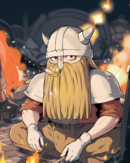 eisen, beard, mustache, horn helmet, fanart , eyes, solo, 1boy, fire,  male focus, white gloves,     blurry background,   sitting,  facing viewer, long sleeves, closed mouth, 
 <lora:friefen_EP01-04_LoHa32-step00030000:0.95>