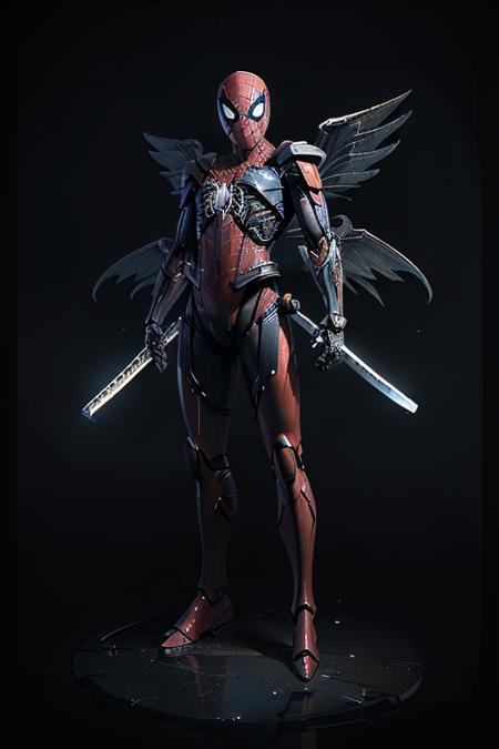 (masterpiece, best quality:1.3),(cowboyshot,full body shot),extremely high detailed, intricate, 8k, HDR, wallpaper, cinematic lighting, large katana, glowing, glowing eyes, mecha, realistic, baby spiderman, mecha wings, <lora:4960_fireflies:1>