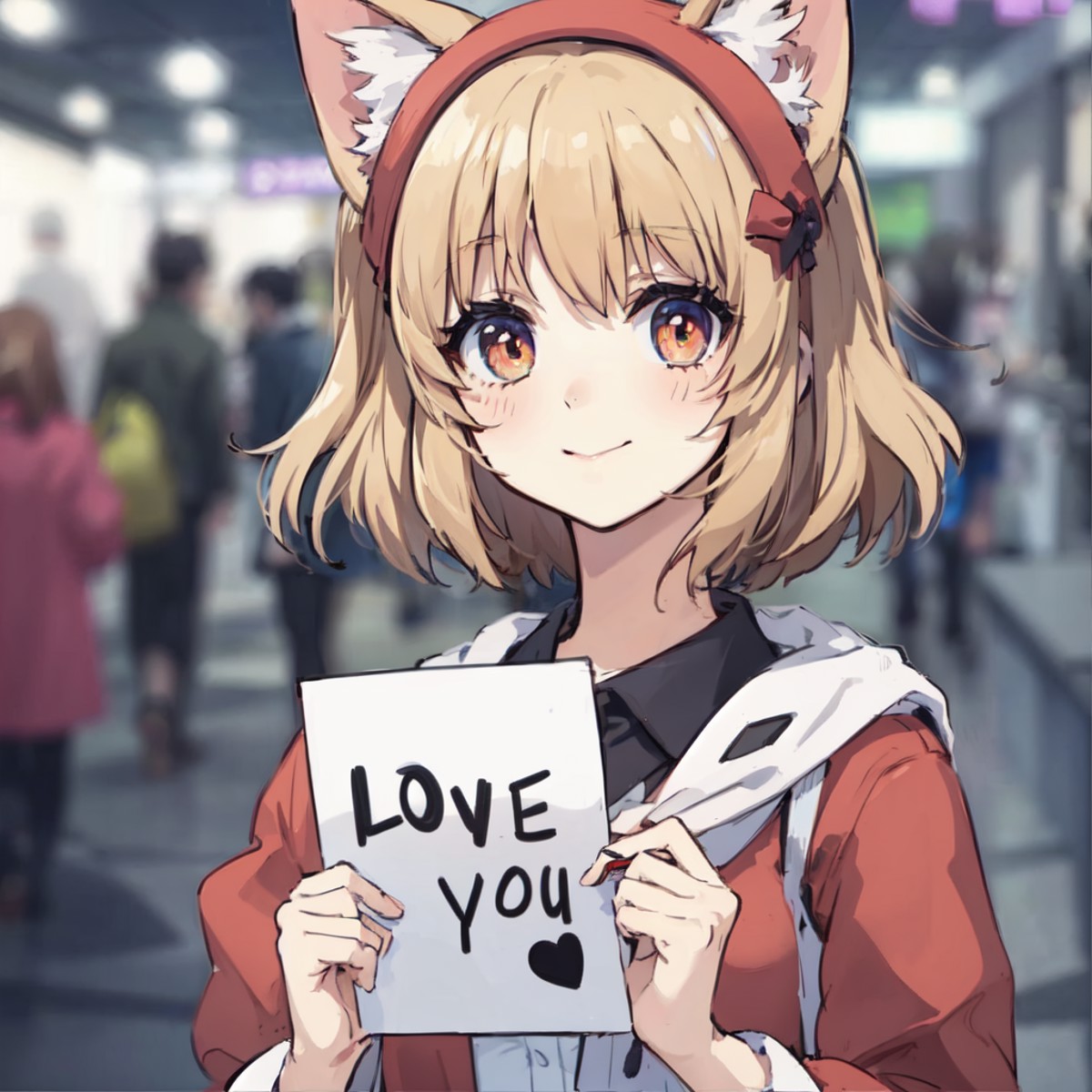 anime, photo of a cute catgirl holding a sign that says "I love you"