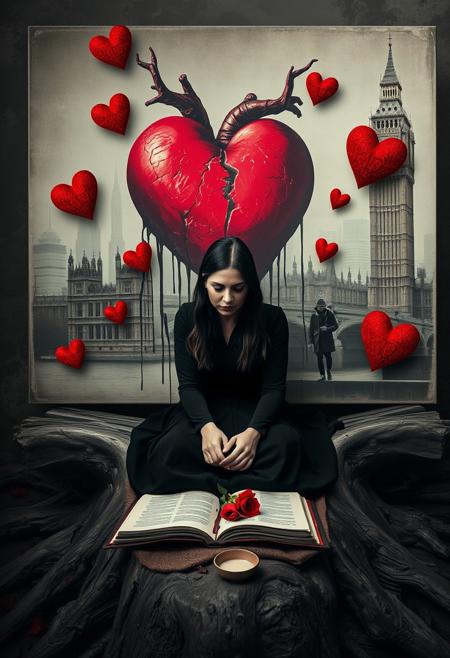 A melancholic, surreal artwork portrays a somber woman dressed in black, sitting on a naturalistic bench resembling a tree root. Her expression is pensive as she gazes downward, surrounded by a dramatic and symbolic scene. Behind her looms a large, painted canvas featuring a vivid red, cracked heart, dripping with dark paint, set against a monochromatic cityscape with iconic buildings like Big Ben in the background. Smaller red hearts, textured and three-dimensional, float around the canvas, adding a dreamlike intensity. In front of her sits an open book, a single red rose, and a small bowl, suggesting themes of love, loss, and introspection. The use of color is striking—everything is in sepia and grayscale except the vivid red elements, enhancing the emotional weight of the composition.