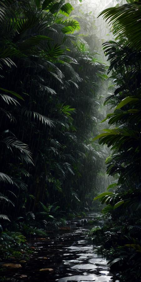 A jungle, with intense rainfall, monochromatic, vines all around, giant and wet trees, masterpiece, best quality, high quality, extremely detailed CG unity 8k wallpaper, oil paiting, award winning photography, Bokeh, Depth of Field, HDR, bloom, Chromatic Aberration ,Photorealistic,extremely detailed, trending on artstation, trending on CGsociety, Intricate, High Detail, dramatic, art by midjourney, volumetric lighting