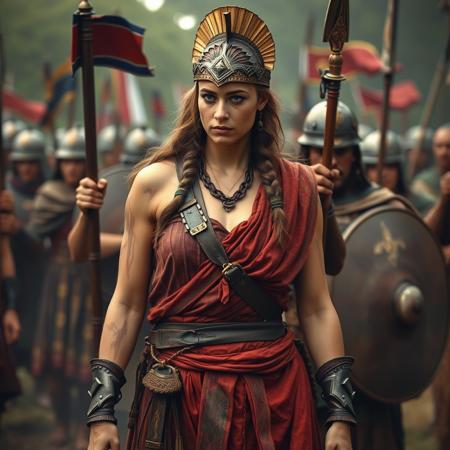 Boudica, showing British soldiers her scars on her back from flogging, urging attack against Roman legions. Boudica was flogged and her daughters violated.  
In 60/61, Boudica led the Iceni and other British tribes in revolt against romans