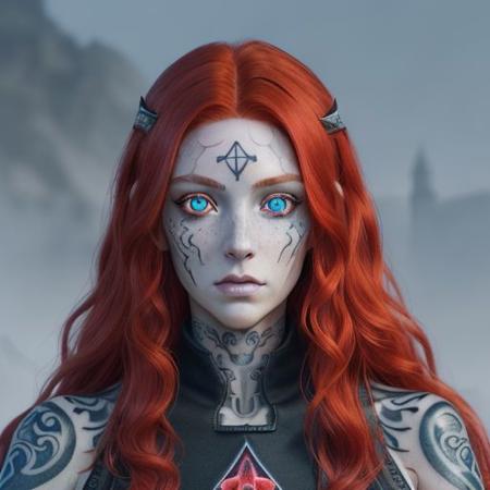 bright red hair, human female, (feminine:1.7), (beautiful face, detailed face:1.6), (beautiful eyes, detailed eyes:1.7), (looking at viewer, eye contact, intense:1.6), (long hair, red hair, curly hair:1.3), , ((masterpiece, best quality, high resolution, realistic, best quality,)), photo realistic, Perfect Face, (detailed face). <lora:GoodHands-vanilla:0.6> <lora:add-detail-xl:0.8>, mage, military uniform coat, dagger, rune dagger, glowing runes, , (((glowing magic symbols tattoos, religious tattoos))), ((face tattoos)), glowing tattoos, stone tower in the background