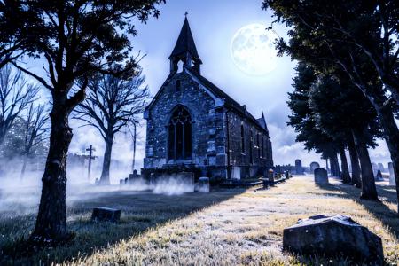 EdobChurchCemeteryCreepyNight church cemetery black sky in the dark with a full moon