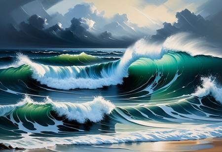 Moody abstract expressionist seascape with turbulent waves inspired by the spontaneous gestures of Bob Ross, Bob Ross style, no humans