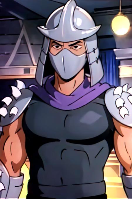 masterpiece, best quality, male, night, city, town,
 <lora:shredderV1:1>, shredder, purple cloak, spike_armor, helmet, grey tank_top, mask,