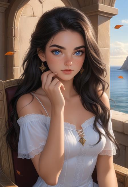 (photorealism:1.5)
female princess,  thoughtful expression, falling leaves,  calm coastal village in the background, warm sunlight, vibrant colors, high contrast, hyper-realistic, serene atmosphere, pensive pose, detailed, high-definition, reflective mood, peaceful setting,  long black hair, blue eyes
slight freckles, long eyelashes, thick eyebrows, off-shoulder mage mini dress, silk sheer mage mini dress,
head tilt, playful, perfect hands, eye contact,  midriff, 
inside the throne room , toned, fit,