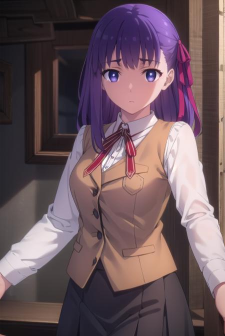 sakuramatou, <lora:sakura matou ubw-lora-nochekaiser:1>,
sakura matou, long hair, (purple eyes:1.1), purple hair, ribbon, hair ribbon, red ribbon,
BREAK shirt, white shirt, collared shirt, long sleeves, neckertie, red neckertie, vest, light brown vest, skirt, black skirt,
BREAK indoors,
BREAK looking at viewer, (cowboy shot:1.5),
BREAK <lyco:GoodHands-beta2:1>, (masterpiece:1.2), best quality, high resolution, unity 8k wallpaper, (illustration:0.8), (beautiful detailed eyes:1.6), extremely detailed face, perfect lighting, extremely detailed CG, (perfect hands, perfect anatomy),