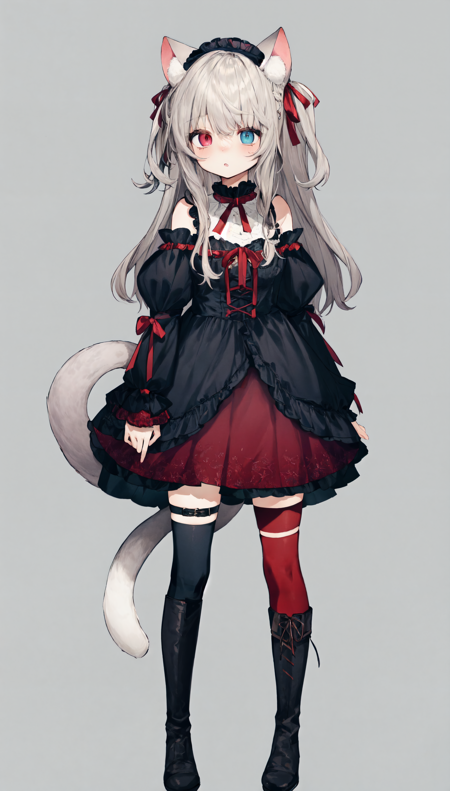 best quality, masterpiece, extremely detailed, detailed background, 1girl, cat girl, heterochromia, animal ears, solo, tail, cat tail, dress, boots, red eyes, long hair, cat ears, striped, thighhighs, black dress, full body, white background, stuffed toy, black footwear, striped thighhighs, bow, simple background, blue eyes, ribbon, knee boots, thigh strap, stuffed animal, grey hair, white hair, long sleeves, looking at viewer, detached sleeves, standing, bangs, red ribbon, animal ear fluff, hair ornament, hair ribbon