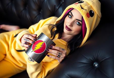 A high-definition photo of a beautiful 20yo goth girl, wearing Pikachu onesie, holding coffee mug. She is laying on a black leather couch, in a seductive relaxed pose, barefoot, smiling. The girl has black hair with pink and purple highlights, framing her beautiful face. Her stunning blue eyes are accentuated by her black eyeshadow. Her lipstick is black and metallic purple. She has visible, vivid, intricate tattoos. The large steel mug bares a yellow lightning bolt logo with 'Buzz Queen' in large letters. 8k detail, full body