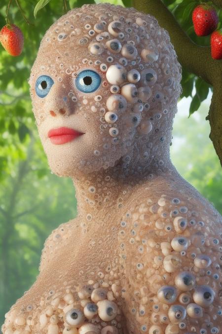 Realistic photo, tree branch, fruit from eyeballs, colorful fruit eyes like. on a beautiful green tree.