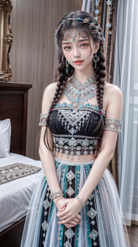 long skirt, flower, twin braids, beads