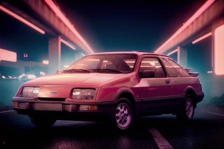 analog gloomy photo of a red Ford Sierra car, <lora:s13rr4:1>, racing down a neon highway at night, outrun, synthwave, retrowave, purple sky, pink and cyan lights, palm trees, flamingos, (cyberpunk), High Detail, Sharp focus, ((photorealism)), realistic, best quality, 8k, award winning, dramatic lighting, epic, cinematic, masterpiece