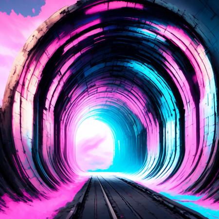 (BlackHoleGate style:1) a dark tunnel with a pink and blue sky in the background <lora:BlackHoleGate:1>