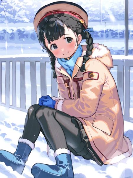 <lora:comicloa1_xl:1>,1girl, solo, snow, braid, hat, twin braids, pantyhose, boots, smile, sitting, skirt, blush, black hair, gloves, coat, winter clothes, black eyes, jacket, blue pantyhose, snowing, fur trim