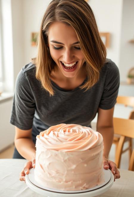 A young woman, likely in her twenties, with shoulder-length light brown hair, is joyful.  She's wearing a charcoal grey t-shirt without texture, the shirt is tight and emphasizes her breasts. She is sexy.
She appears happy, lustful, and engaged in a celebratory moment.  Her expression is animated, and she is dragging her finger through the cake, putting icing on her finger, displaying lust, expressing a sense of joyous seduction or happiness, She has perfect hands and fingers, she leans over the cake in front of her. She is looming over the cake.  
A round birthday cake with a light, blush-pink buttercream frosting and decorative swirls is centered on a white cake stand, positioned in front of her. The frosting has a rose-like pattern.  The setting is a brightly lit, kitchen-style dining room.  A white table is covered with light beige tones.  Wooden dining chairs are in the background, adding a neutral counterpoint to the scene. 
The lighting is warm and natural.  The camera angle is slightly low, with a focus on the woman and her joyous reaction.  The atmosphere is celebratory, warm, and inviting, reflecting the joyful emotion associated with a birthday celebration.  The overall style is casual and friendly, evoking a sense of comfort and good cheer.