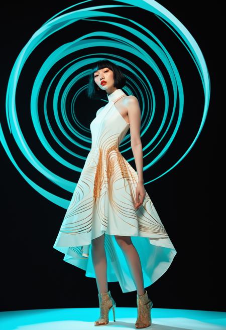 image of a 25yo, a young korean woman, pale fair skin, pretty, red lips, dark asymmetric shoulder-length hair cut hair, fashionable, A woman levitating above a spiraling vortex, her body draped in fabrics with geometric shapes. white dress, with orange gold shapes, teal while spirals light projection, light projection effect, neckbone, off-shoulder dress, dark background pitch black background, depth, artistic composition, surreal editorial photography, conceptual fashion art, bold color contrast, dramatic lighting, high-concept staging, hyperrealistic depth, avant-garde poses, stylized human figures, immersive narrative composition, fine art fashion fusion, visually striking surrealism, theatrical visual storytelling, high fashion, gel lighting, lighting projection from offscreen, projector, <lora:FF.101.juggernautXL_version6Rundiffusion.LORA:0.75> <lora:fenn_neoncolor:0.76> <lora:Elegence_Niji:0.8> <lora:mot_wwm:0.8>