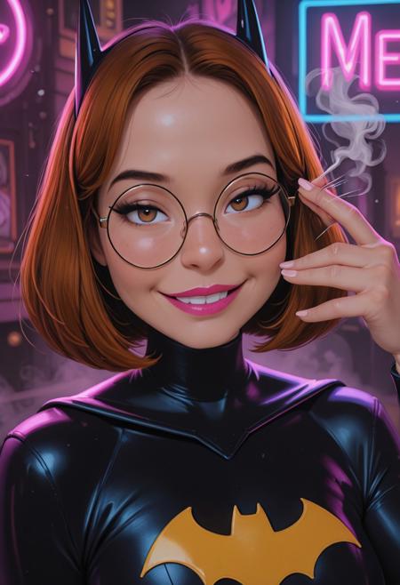 solo,1girl,meg griffin,seductive smile, hair flick, bob cut,brown hair,round eyewear,glasses,pink lips,short hair, steam,neon lights, batgirl costume,