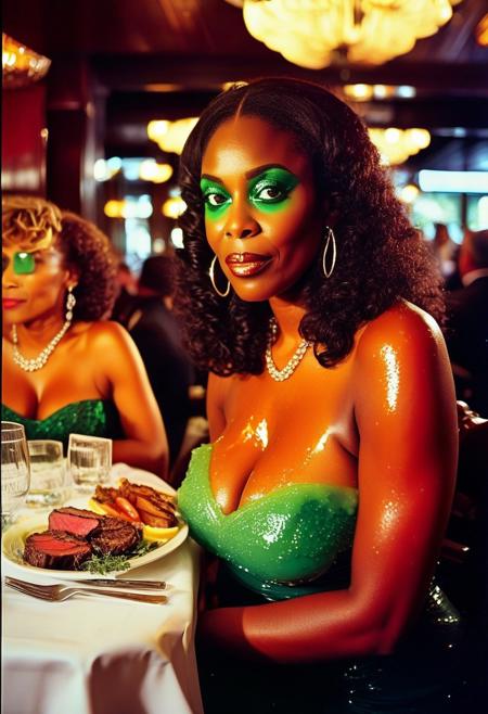 ()Hyoer Realistic:2.0)Polaroid picture of 
 image of an upscale steakhouse, where( a group of Beautiful mature, busty black women, each with a voluptuous figure :1.85) gather around a lavish table, (savoring their juicy steaks:1.50). Unbeknownst to them, the (restaurant's steak is infused with a green, hypnotic glowing slime:1.85) that seeps into their minds.
As they dine, (((their eyes become a solid glazed color:1.45)), and they become entranced, their faces slackening into a serene, obedient expression:2.45). The waitress, aware of the gel's effects, subtly guides them to leave extravagant tips, far exceeding the total bill.