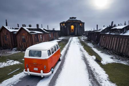 analog gloomy photo of an orange volkswagen kombi,  <lora:vwk0mb1:1>, ((haunted house:1.2)), zombie apocalypse, (abandoned town at (midnight)), (full moon), (winter), (snow), ((horror movie)), ((nighttime)), driving through a decayed city, ruins, dilapidated buildings, High Detail, Sharp focus, (photorealism), realistic, best quality, 8k, award winning, dramatic lighting, epic, cinematic, masterpiece, rim light, ambient fog:1.2,