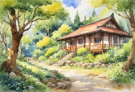 (summer, shadows and brush effects:1.05), (Monet:.75), line art, (watercolor wash:1.25), oil paint on canvas,

(landscape of a lightly forested area surrounding a beautiful anime and secret of mana inspired inn, ((japanese style)), rustic, beautiful, cozy,

natural lighting, pen_realism, velvet_rust,  
