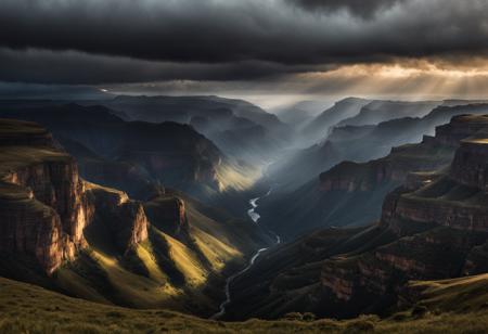 photograph of  valley ,  dark cloudy, dim , at  morning , grand composition, masterpiece, national geographic, nature, 8k, highly detailed, nikon, dslr, hdr, 100-400mm lens, composition, best composition, classic, Landskaper
