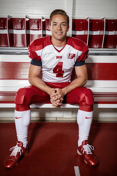 in an American football locker room, (sitting on a bench), legs spread open, LucasKnight, American football player wearing American football uniform, American football shoulder pads, (((red  jersey))), jersey number 17, ((red football pants and pads)), (white socks), black sneakers, slight smile, masterpiece, (((full body portrait))), full body shot <lora:LucasKnight-000009:0.75>