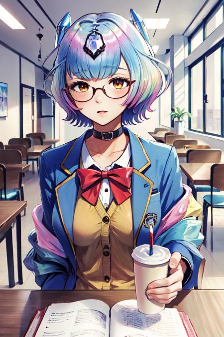 Highly detailed, High Quality, Masterpiece, beautiful, Seidr, <lora:Seidr:0.9>, 1girl, solo, food, simple background, elbows on table, cup, blurry background, indoors, upper body, <lora:Pos_AcrossTable:1>, blazer, (blue jacket:1.1), red bow, book, yellow sweater, cardigan, glasses