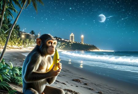 beach, horizon, night, moonlight, people on the beach looking far away,  a (giant) monkey in the sea  happy, holding an object, shiny banana between fingers, eating,
masterpiece,  amazing quality, very aesthetic, hdr , comic style, light particles, very detailed, 8k, ambient occlusion, blurry foreground, branches in foreground, depth of field,  high resolution, edge lighting, light particles, high angle, ,420futurism,detailerlora, oversized eyes,