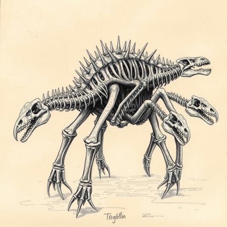 weird cryptic sketch, archaeology, giant fossil, multiple dinosaur skeletons, 8 legged creature with dinosaur skulls on the ends, spines, bones, 8 legs, creature, ribs, ugly