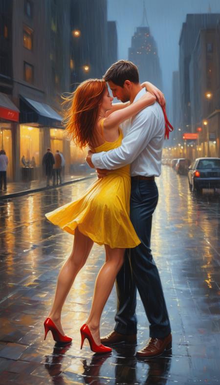 An intimate oil painting of a couple dancing closely in a twilight cityscape. The woman’s yellow dress hugs her figure as she stands on tiptoes, her red heels slightly raised off the rain-soaked pavement. Her arms wrap around the man’s neck, and her auburn hair falls gently over her shoulders as she leans into him. The man, in a fitted white shirt and dark trousers, holds her waist firmly, their faces inches apart, radiating passion. The reflections of their entwined forms shimmer on the wet pavement, and the distant city skyline glows with warm, romantic hues