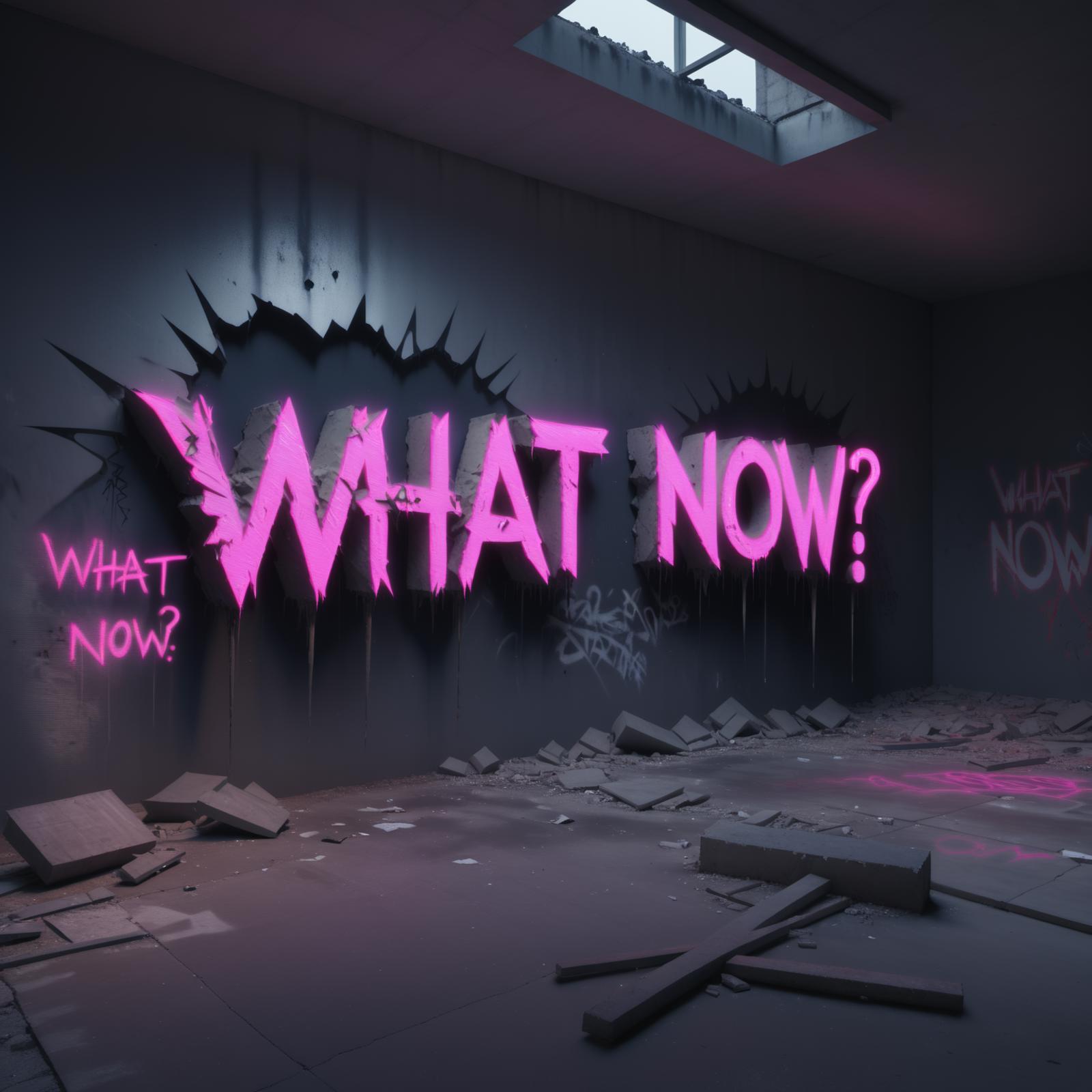 A room with a pink graffiti saying "What now?" on the wall.