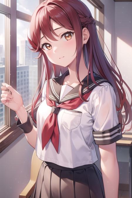 rikosakurauchi, <lora:rikosakurauchi-lora-nochekaiser:1>, 
riko sakurauchi, (brown eyes:1.5), hair between eyes, long hair, (red hair:1.5), (small breast:1.2), 
BREAK grey skirt, neckerchief, pleated skirt, red neckerchief, school uniform, serafuku, shirt, short sleeves, skirt, white shirt, uranohoshi school uniform,
BREAK looking at viewer, 
BREAK indoors, classroom, 
BREAK <lyco:GoodHands-beta2:1>, (masterpiece:1.2), best quality, high resolution, unity 8k wallpaper, (illustration:0.8), (beautiful detailed eyes:1.6), extremely detailed face, perfect lighting, extremely detailed CG, (perfect hands, perfect anatomy),