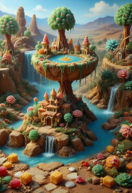 candy,tilt-shift photo of best quality double exposure complex surreal painting on cracked paper, macro, microworld,  hyperdetailed,   insanely detailed, surreal, tiny genie spirit creature, flying oasis landscape placed inside a cup on the table in room. waterfall, lotus flowers,temple palms desert filigree, table cinematic, big eyes 32k, by Rockwell, WLOP Ryniac, Craola, Disney, van Gogh, highly detailed, intricated, intricated pose, high quality, centered, perfect composition.,
<lora:Midjourney_-_SemiReal_Dreams_FLUX_LoRA:1>,<lora:hyper-detail-illustration:1>, Selective focus, miniature effect, blurred background, highly detailed, vibrant, perspective control