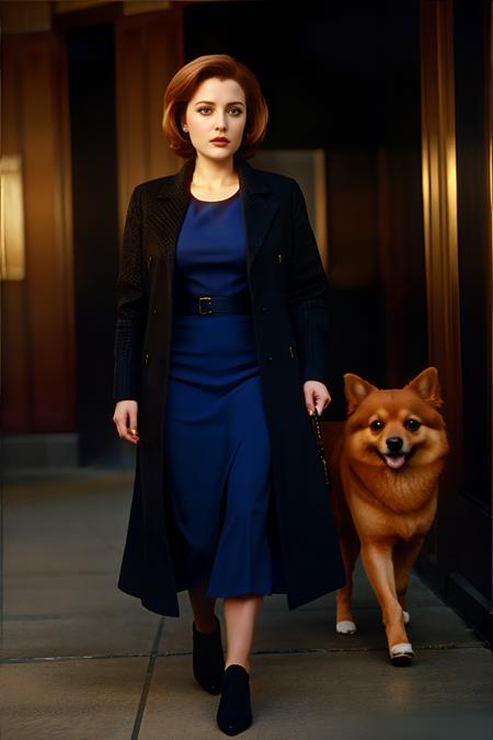 Dana Scully with her Pomeranian dog, walking, 
<lora:DanaScullySD-000002:1>, intricate details, hyperdetailed, cinematic, realistic, masterpiece