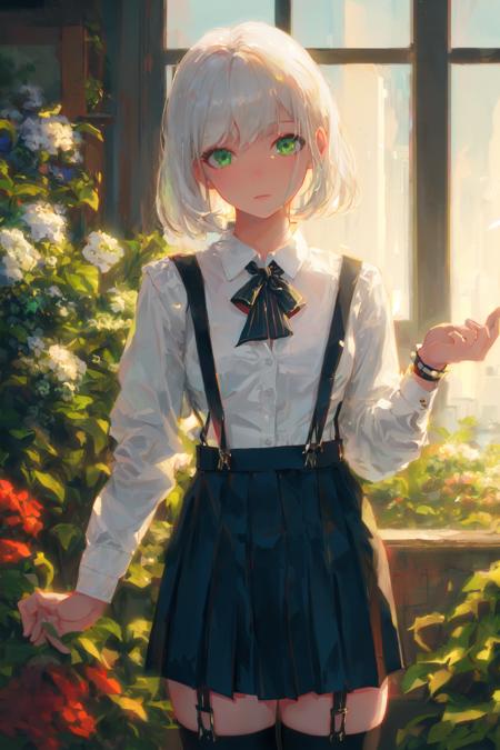 <(masterpiece:1.3), (best quality:1.2)>, (collared shirt:1.6), <high resolution illustration, coloful, chromatic aberration, intricate details, (cinematic light, rim lighting), (beautiful and clear background), depth of field, (finely detailed face), (prettyface)>, scenery, white shirt, (white kneesocks:1.3), beautiful garden, detailed garden, window, garden, flowers, dynamic_pose, light_particles, 1girl, cowboy shot, solo, (white_hair, short_hair, green eyes):1.2, looking at viewer, (black pleated skirt, black suspenders:1.4), (beautiful small city, detailed small city, steampunk, many object),