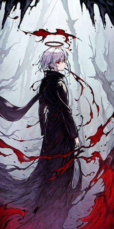 artbytokiame, ((masterpiece, best quality)), 1boy, silver hair, dark clothes, in (dark cave) background, dim lighting, glowing orb, reflective light. solo, detailed wallpaper, vertical orientation, halo, stalactites and stalagmites, ink painting, glowing red eyes