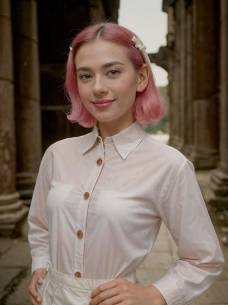 analog film photo solo, gstyle, realistic, ((woman)), (((Black and pink ombre hair))), (((happy512))), (A-line skirt, (white button-down shirt:1.5), and pumps.), ((ruins, ancient structures, weathered stones, historic)), ((dynamic pose)), high detailed, 8k, clear facial features, <lora:PAseer-SD15-LCM Quick:1> <lora:ReaLora:.2> skin <lora:GStyle_-_Photography_Style:.2> <lora:[ID]_-_Catherine_Wilson:1> cathwilson . faded film, desaturated, 35mm photo, grainy, vignette, vintage, Kodachrome, Lomography, stained, highly detailed, found footage