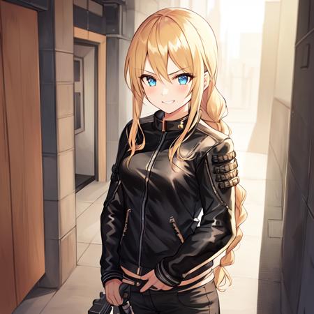 {1girl}, determined, biker jacket, casual pants, masterpiece, smirking, perfect detailed on hands, illustration, beautiful-detailed eyes,  ultra detailed, {long hair}, {katana}, hallway, small breasts, blonde hair with highlights, futuristic city, industrial, monitors, open area, from front, eye focus, determined, determined look, braided ponytail