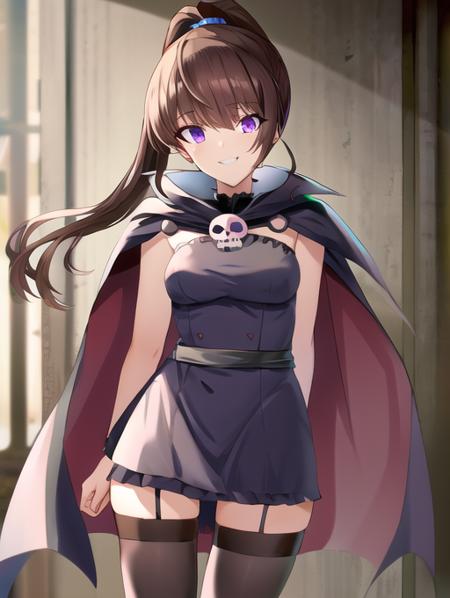 best quality, masterpiece, highres, detailed, perfect anatomy,  <lora:Detail - add_detail:0.2>,  <lyco:Change - EvilExecCh:0.8>, tights, cape, thighhighs, skull ornaments, evil smile, black dress, blue eyes, night, abandoned factory, blunt bangs,  <lora:DigiNene:0.8>, amanene, brown hair, high ponytail, white mask, multiple boys, boys in background, evil henchmen, purple eyes, domino mask, EvilExecCh