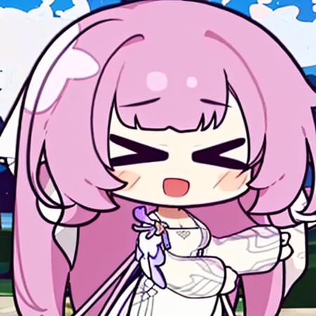 1girl, solo,( >_<:1.3), dress, smile, closed eyes, :d, open mouth, white dress, long sleeves, elysia \(herrscher of human:ego\) \(honkai impact\), flower, starry sky, full background,